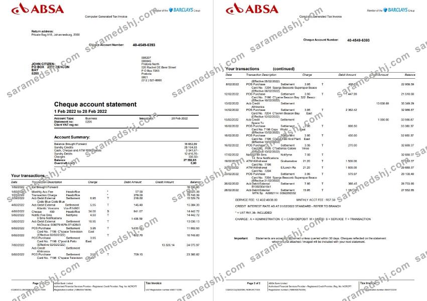 United Kingdom Absa bank statement, Word and PDF template, 2 pages